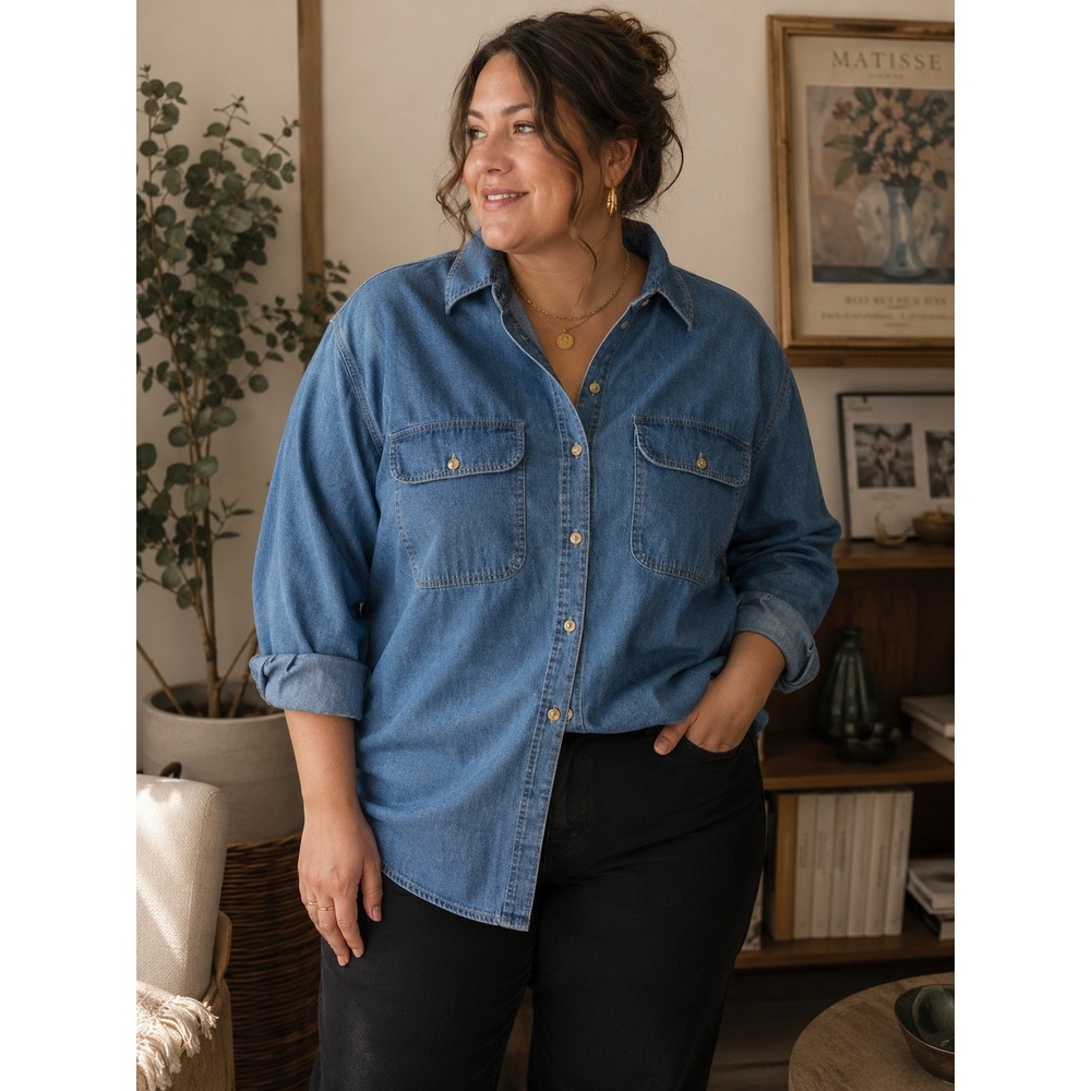 Vtg Upper West Side Womens Denim Shirt Blue Cotton Oversized Button Down Large